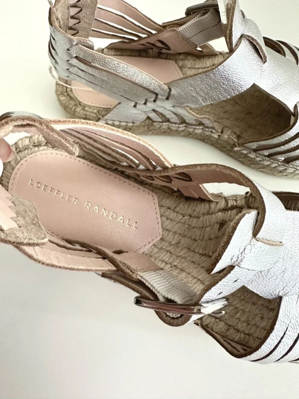 NEW LOEFFLER RANDALL Metallic Silver Leather Fisherman Espadrille Sandals Size 8